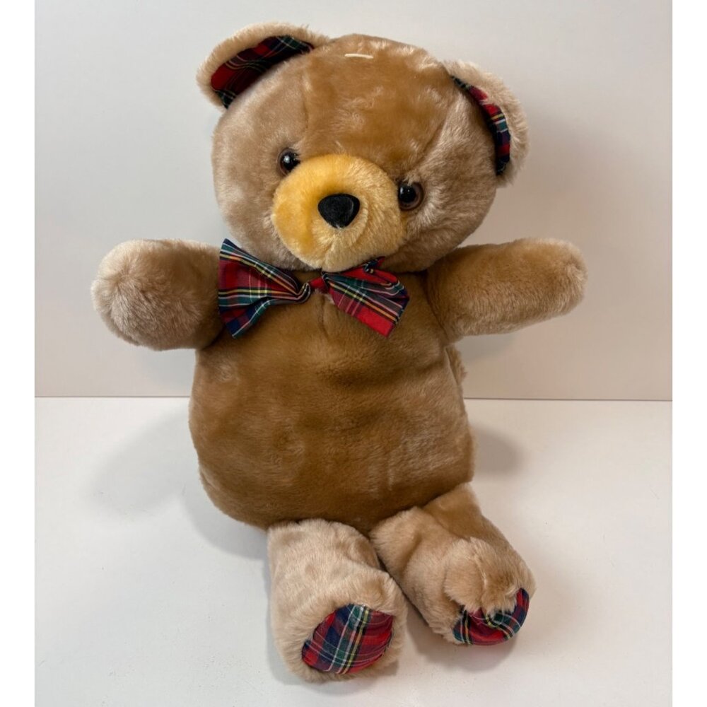 VTG Chosun Teddy‎ Bear Stuffed Animal 18" Back Pocket  Brown Plaid Bowtie Feet